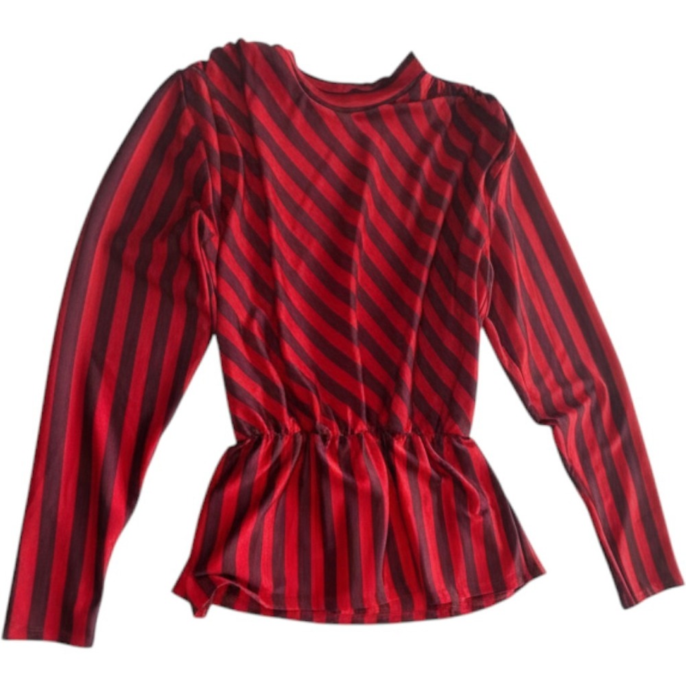 Zara Trafaluc Red Burgundy Striped Mock Neck Peplum Waist Top Small